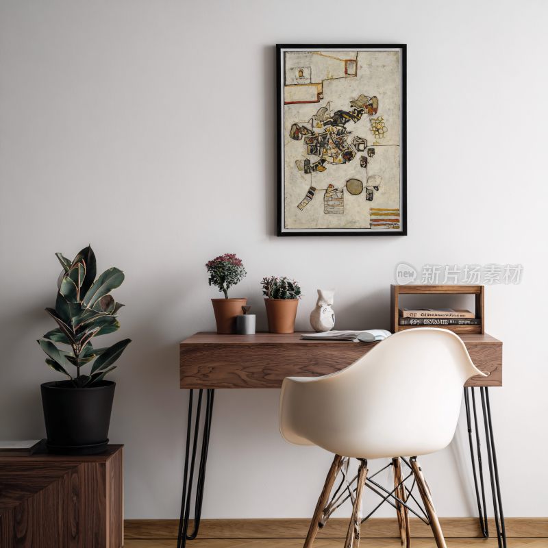 室内简约书桌与装饰画场景