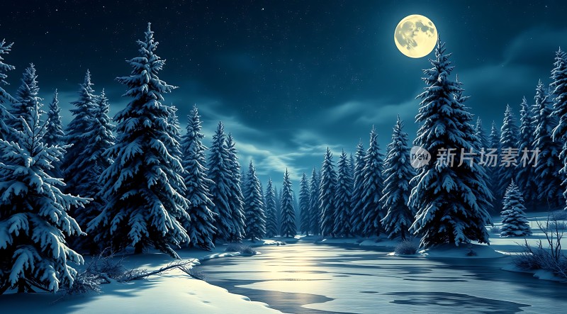 雪夜月光下的静谧森林