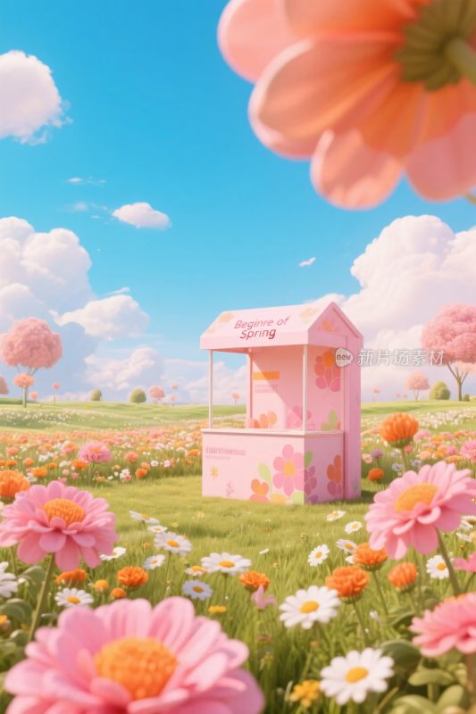 花海中的粉色售卖亭