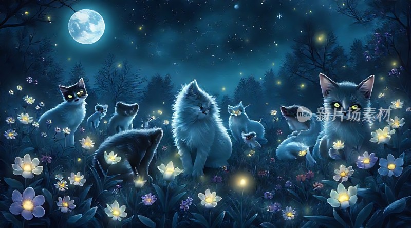 月下花丛中的神秘猫咪群