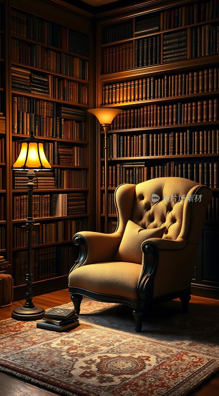 书房一角书架、椅子和台灯营造温馨氛围