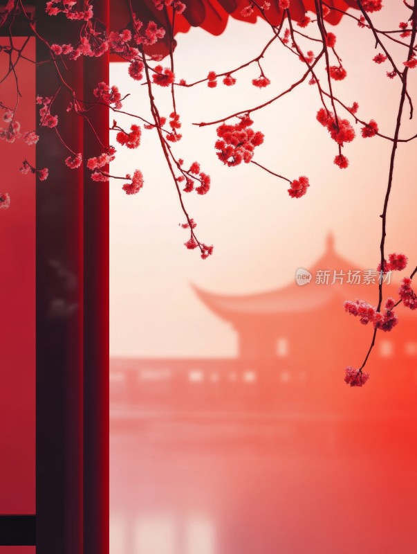 红梅掩映下的亭台楼阁 中式庭院的诗意画境