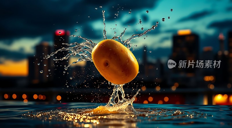 橙子入水城市夜景映衬下的活力瞬间