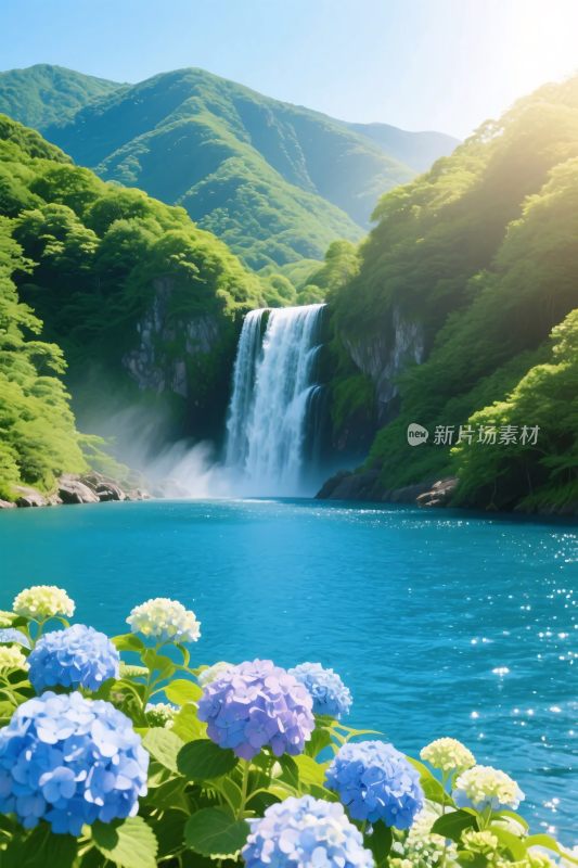 山水瀑布湖景插画