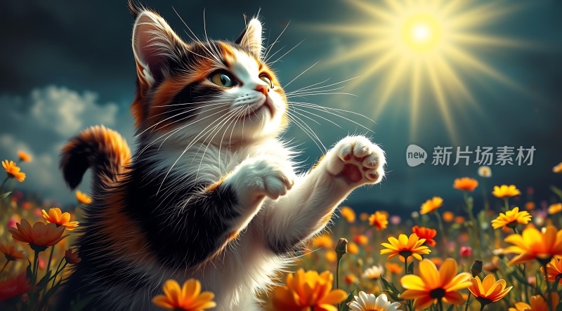 阳光下的彩色小猫在花丛中仰望太阳