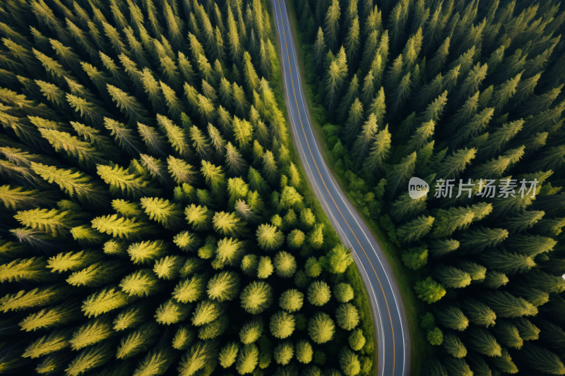 蜿蜒穿过树木繁茂的森林的道路鸟瞰图背景