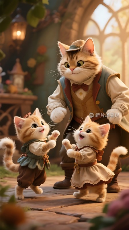 三只可爱猫咪温馨互动场景