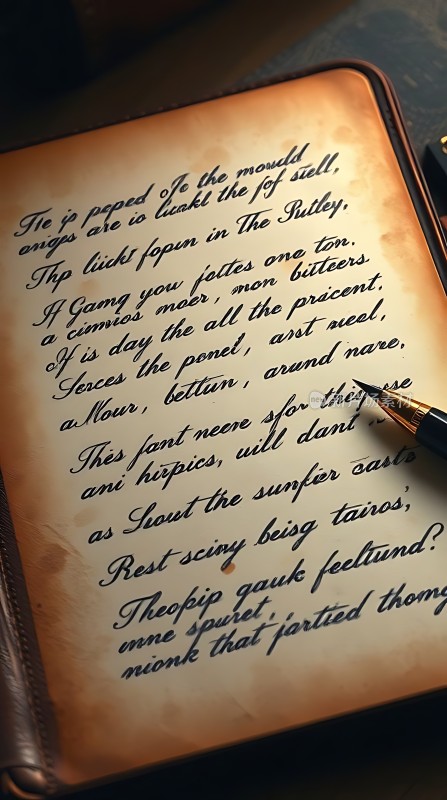 古旧手稿上的优雅书法与钢笔