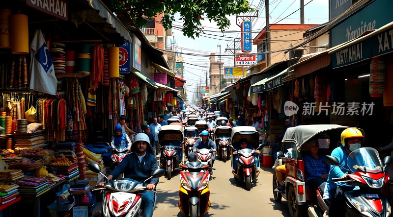 繁忙市场中的多彩商品与喧嚣交通