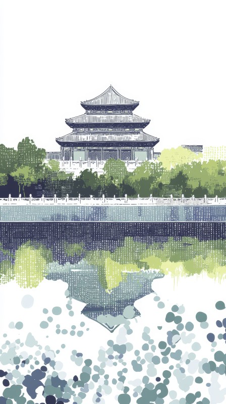 中国古建筑与湖水的艺术插画