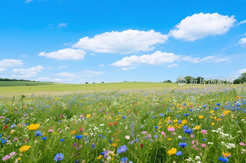 蓝天草地野花风景