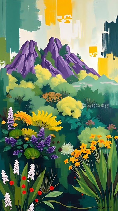 紫色山峰与多彩花卉