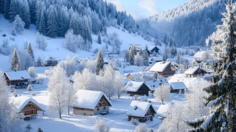 航拍雪山山脚下的宁静村庄