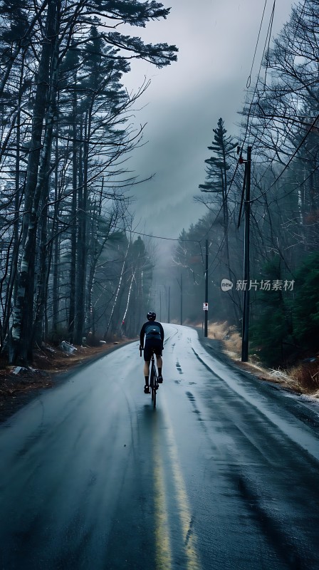 骑行者穿越雨后森林小径