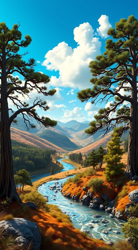 蓝天白云下的蜿蜒河流与两侧高大的树木