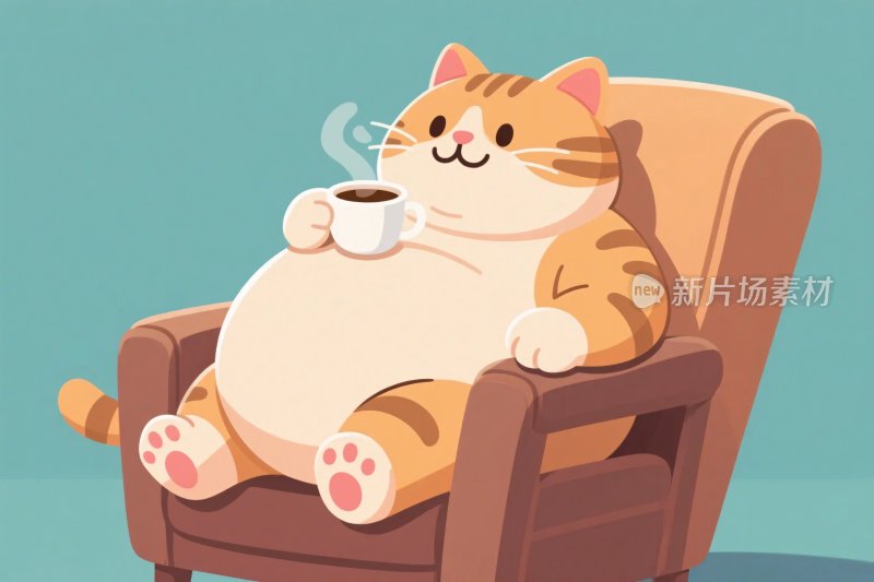 胖橘猫坐沙发持杯子插画