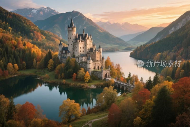 湖畔城堡秋日美景