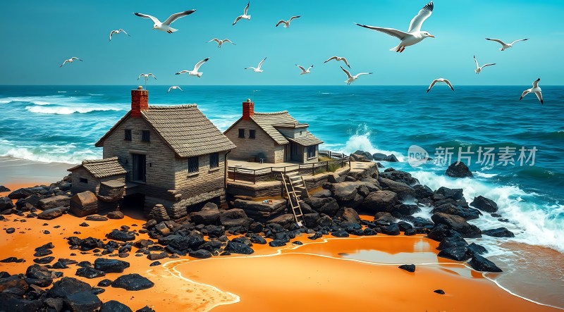海边的木屋与飞翔的海鸥