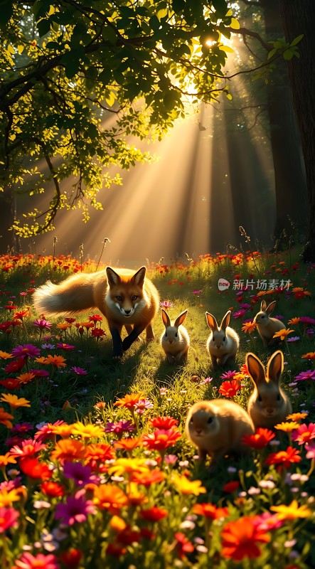 阳光下的狐狸与兔子