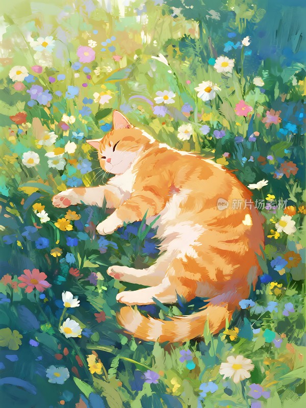 阳光下的橘猫与花海