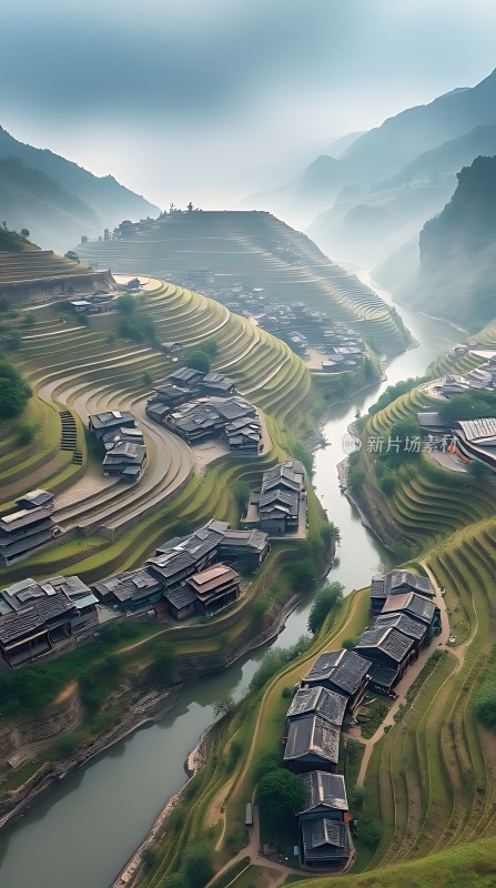 梯田人家山水画卷