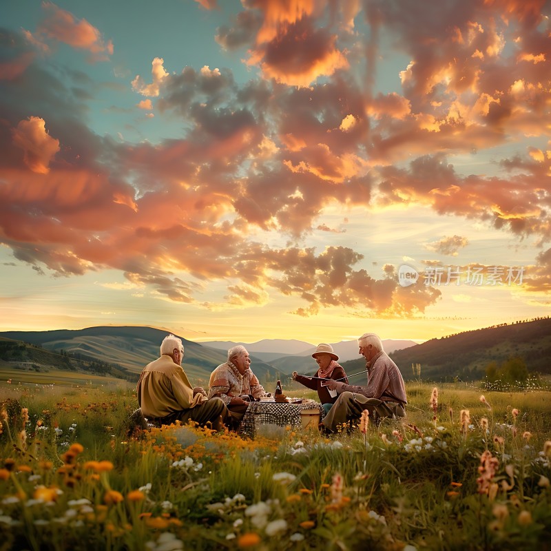 夕阳下的草地聚会