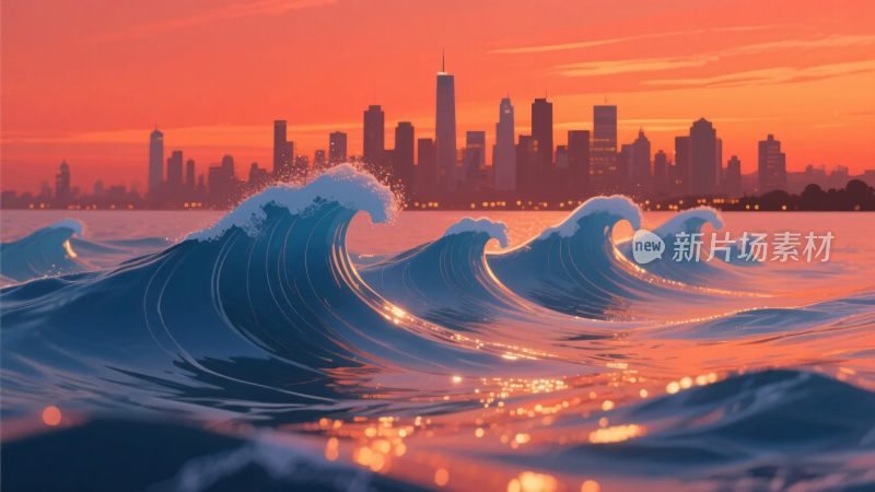 夕阳下城市与海浪的壮丽景象