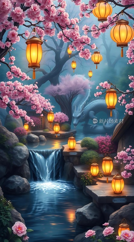 春夜灯笼映流水