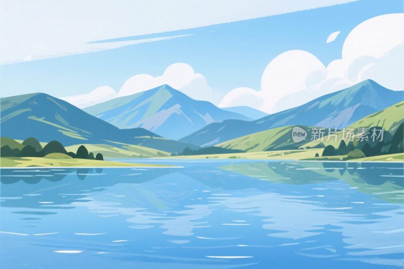 山水湖景插画