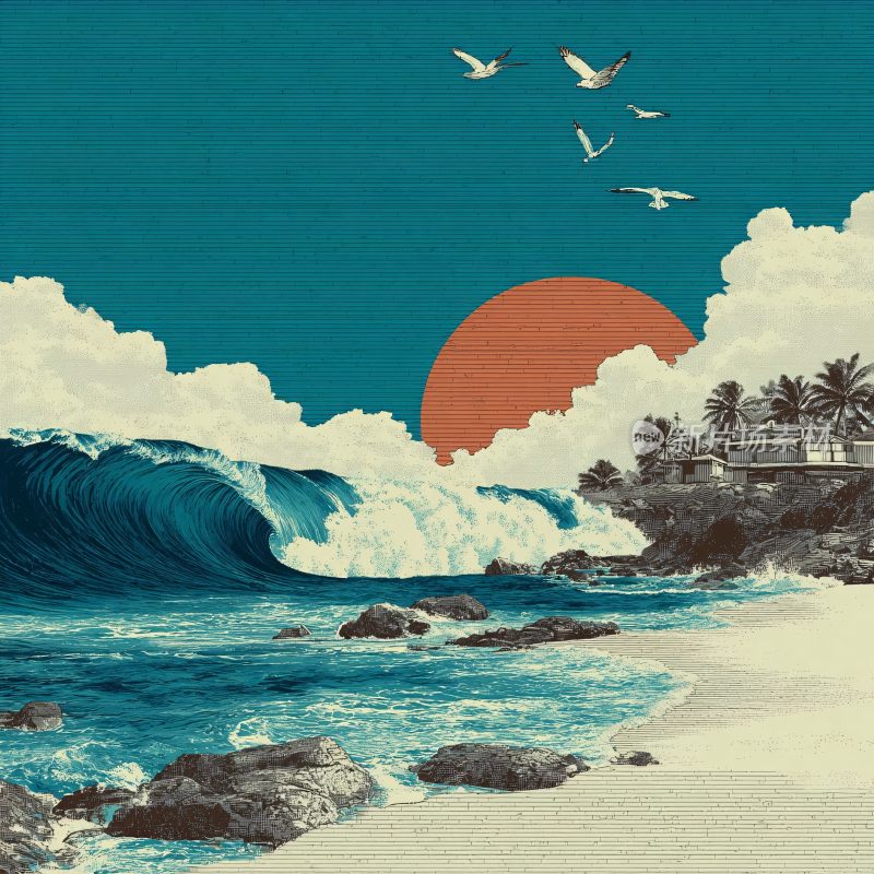 海边日落海浪飞鸟美景插画