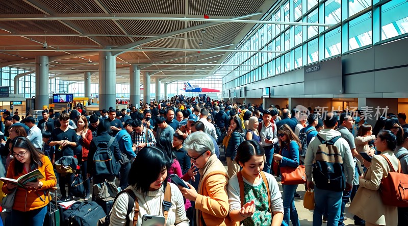 机场候机大厅人潮涌动旅客们忙碌而有序地等待登机