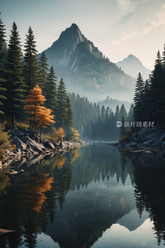 山倒映在树木环绕的湖水中高清风景图片