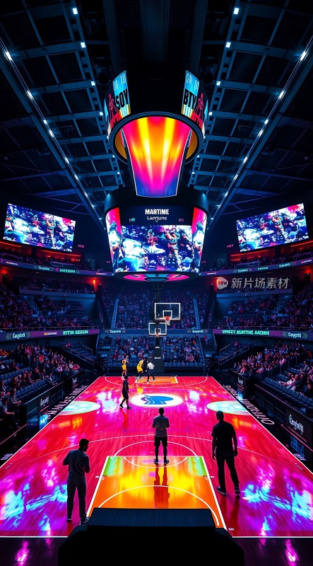 篮球赛现场灯光璀璨球员蓄势待发