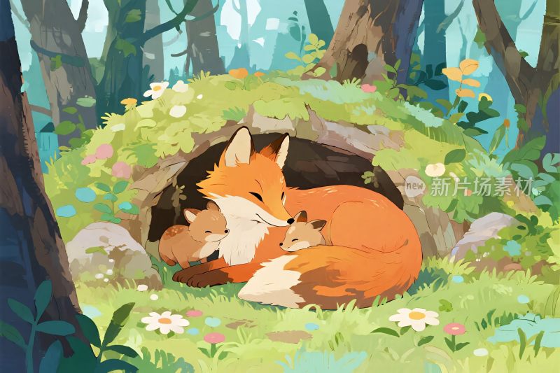 狐狸一家森林洞穴插画