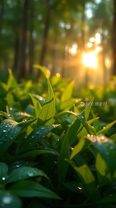 晨光中的露珠与绿叶