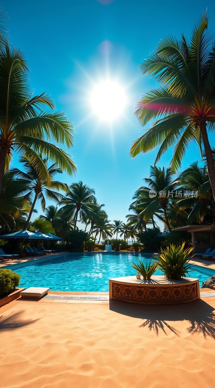 阳光下的热带风情泳池