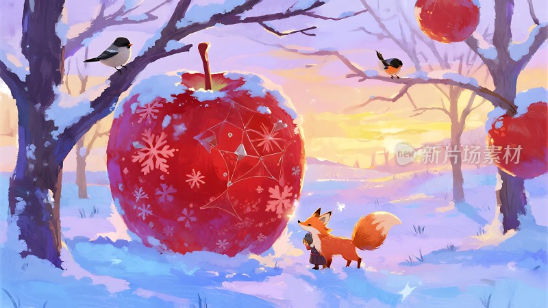 雪地红苹果与狐狸