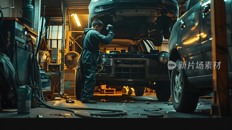 修车工人在车间内专注维修汽车