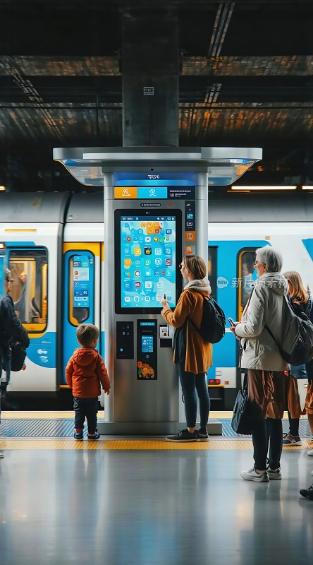 地铁站的智能自助服务终端前人们排队等候使用