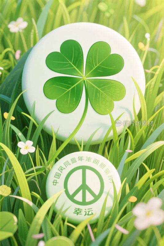 草地上的幸运四叶草与和平徽章