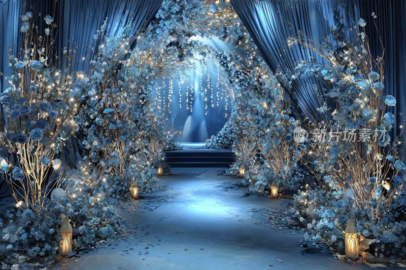 梦幻蓝色花卉婚礼通道场景