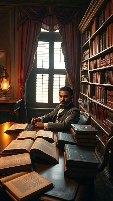 书房里的学者沉浸在书海中