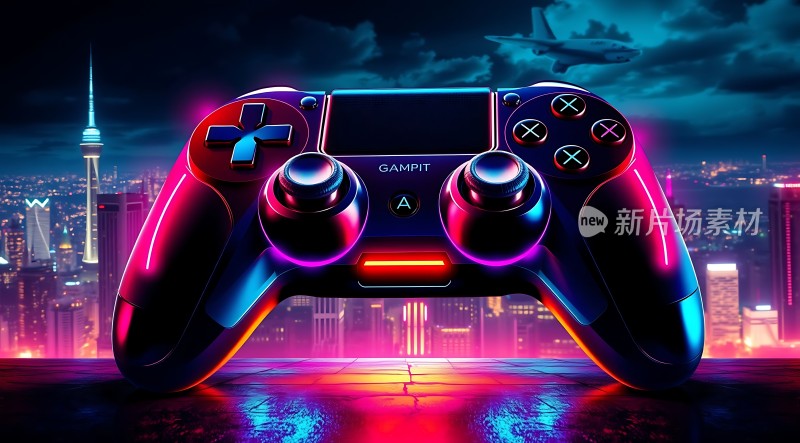 未来科技游戏手柄霓虹灯光下的城市夜景