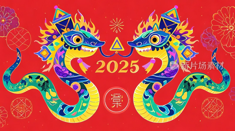 2025年春节喜庆中国风新年祝福创意插画图