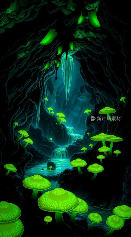 神秘洞穴中的荧光蘑菇世界
