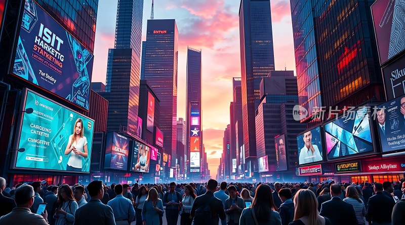 繁华都市夜景人群熙攘高楼林立霓虹闪烁