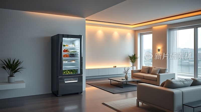 现代家居生活时尚冰箱与舒适沙发并置
