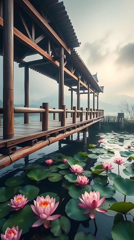 湖畔凉亭映荷花