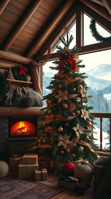 温馨圣诞树下的礼物与壁炉