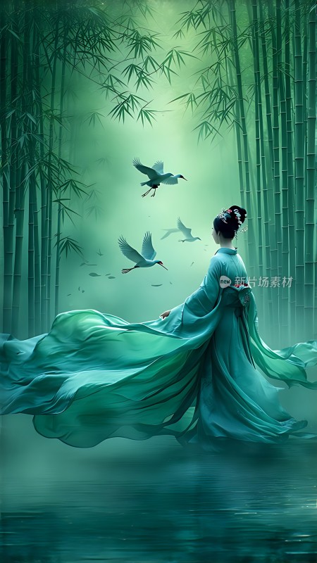 翠竹轻舞仙鹤翩跹绿裙飘逸静谧竹林间